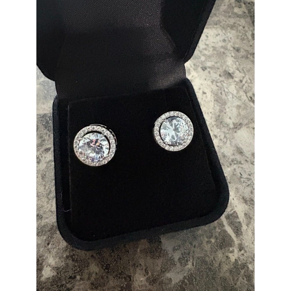 Silver Tone Round Halo Cubic Zirconia Stud Earrings Brilliant Cut Pave Border - Picture 2 of 14